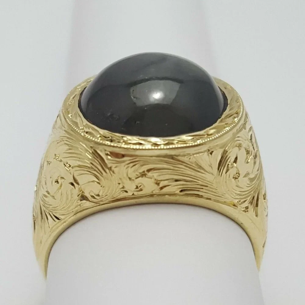 Yellow Gold 18K Karat Designer Gold Ring w/ Greenish Gray Sapphire GIA Certified